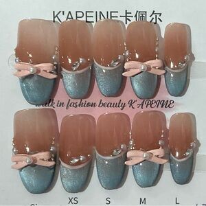 [S] 🎀 10Pcs Wearable Press on Nails Pink Ribbon Bow Blue Silver Rhinestone